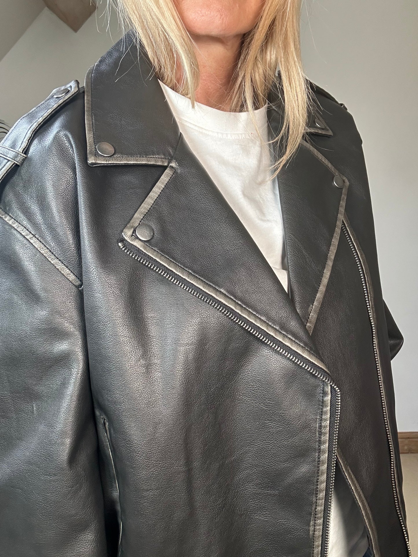 Aged Faux Leather Biker Jacket