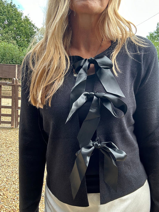 Lurex and Satin Bow Cardigan - Black
