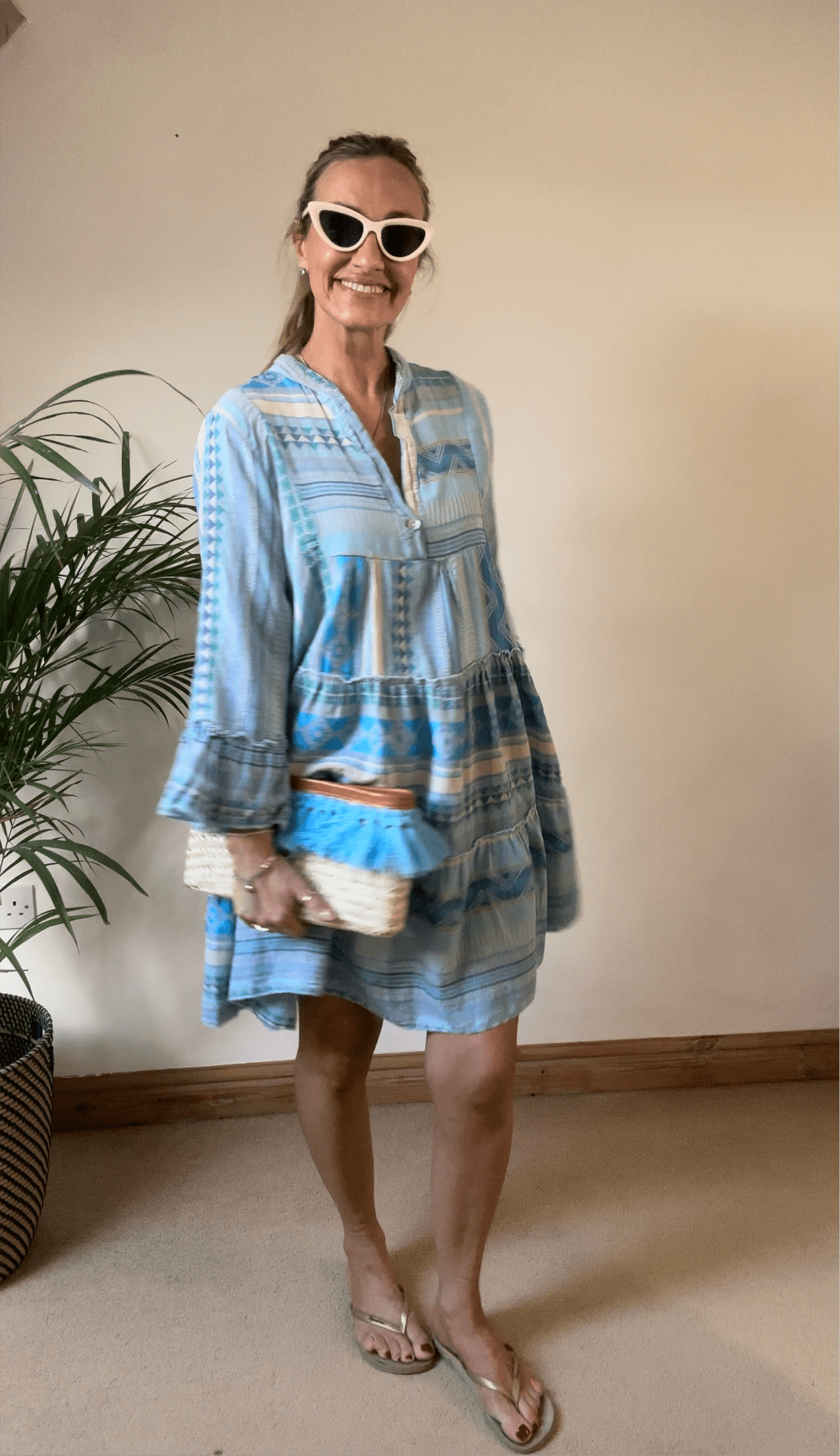 Straw Clutch Bag With Blue Pom Poms