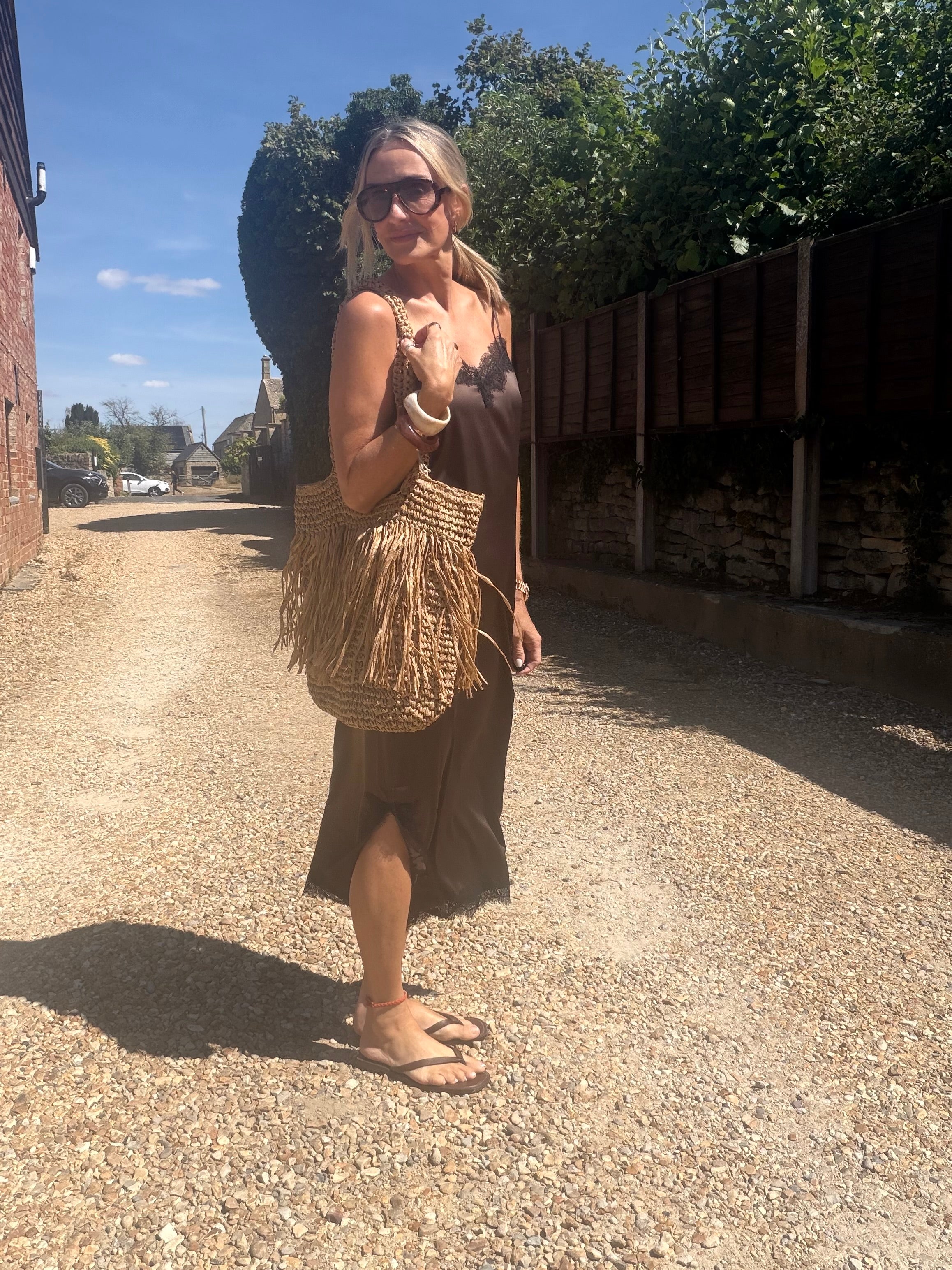 Brown Satin and Lace Slip Dress