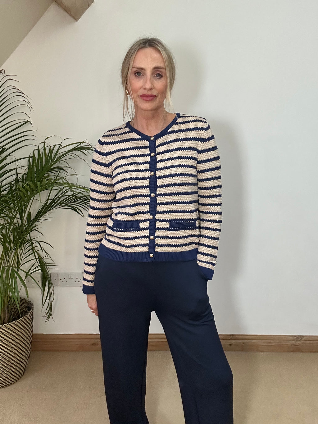 Navy Stripe Cropped Cardigan