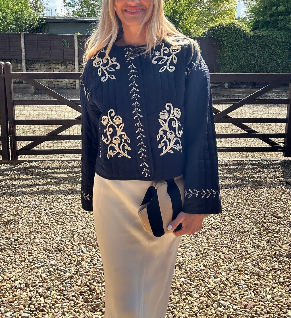 Embroidered  Quilted Black Jacket