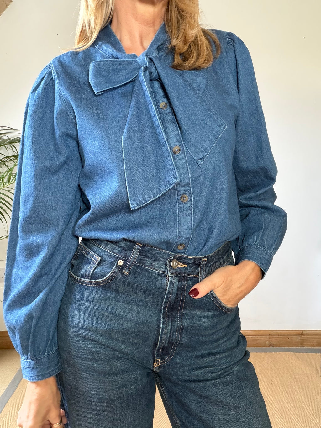Pussy Bow Denim Blouse