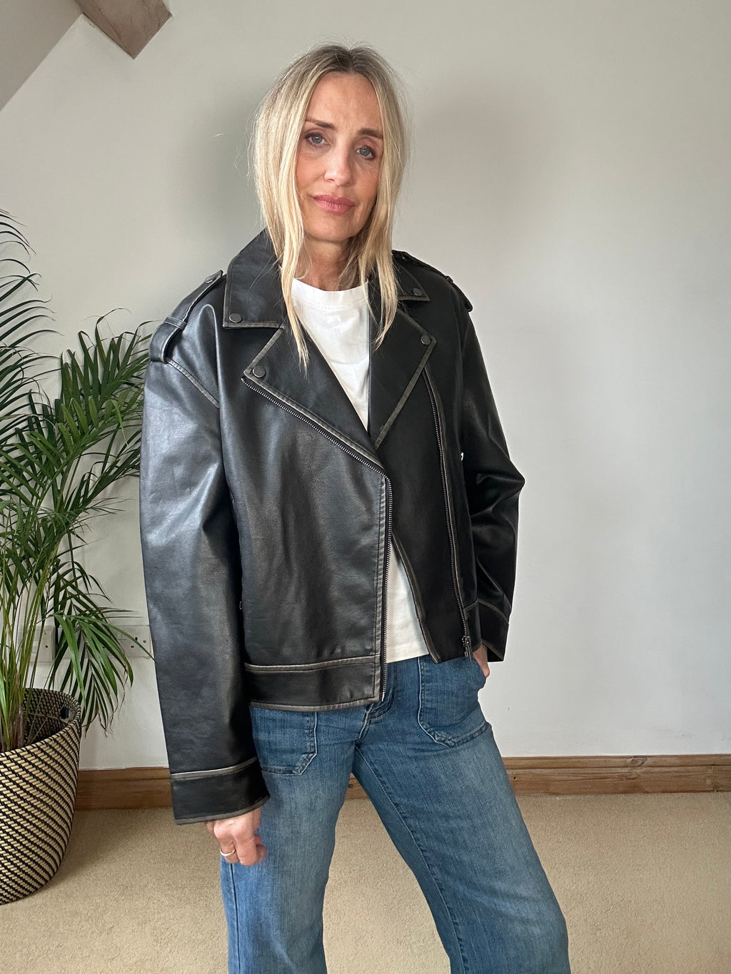 Aged  Faux Leather Biker Jacket
