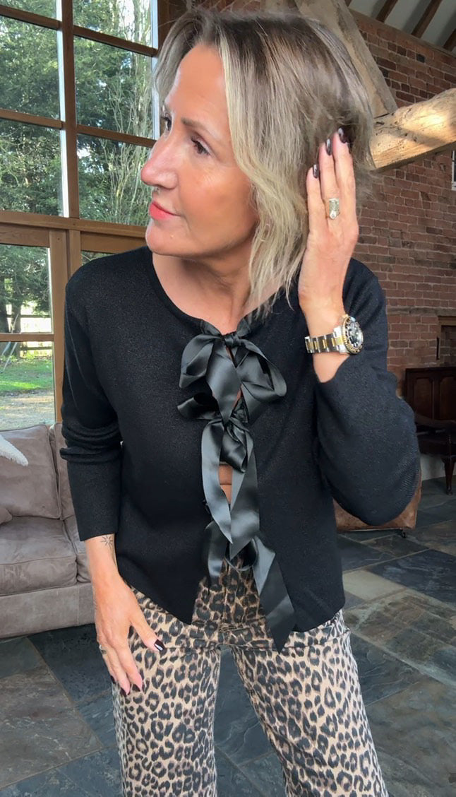 Lurex and Satin Bow Cardigan - Black