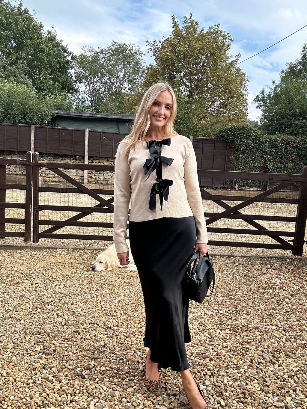 Lurex and Satin Bow Cardigan - Champagne