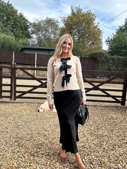 Lurex and Satin Bow Cardigan - champagne
