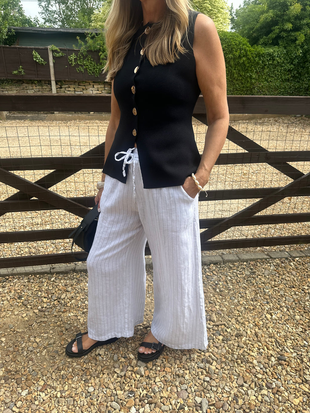 Wide Leg Linen Pinstripe Trousers