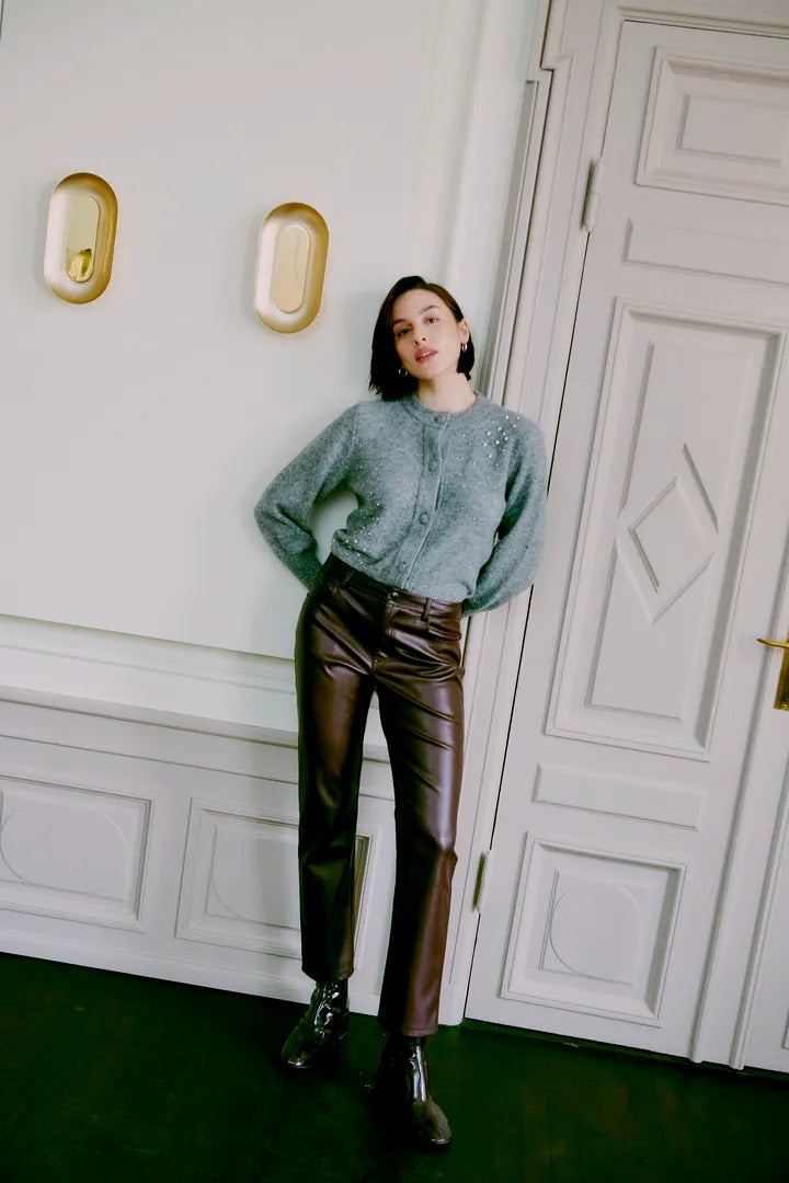 Burgundy Faux leather Straight Leg Trousers