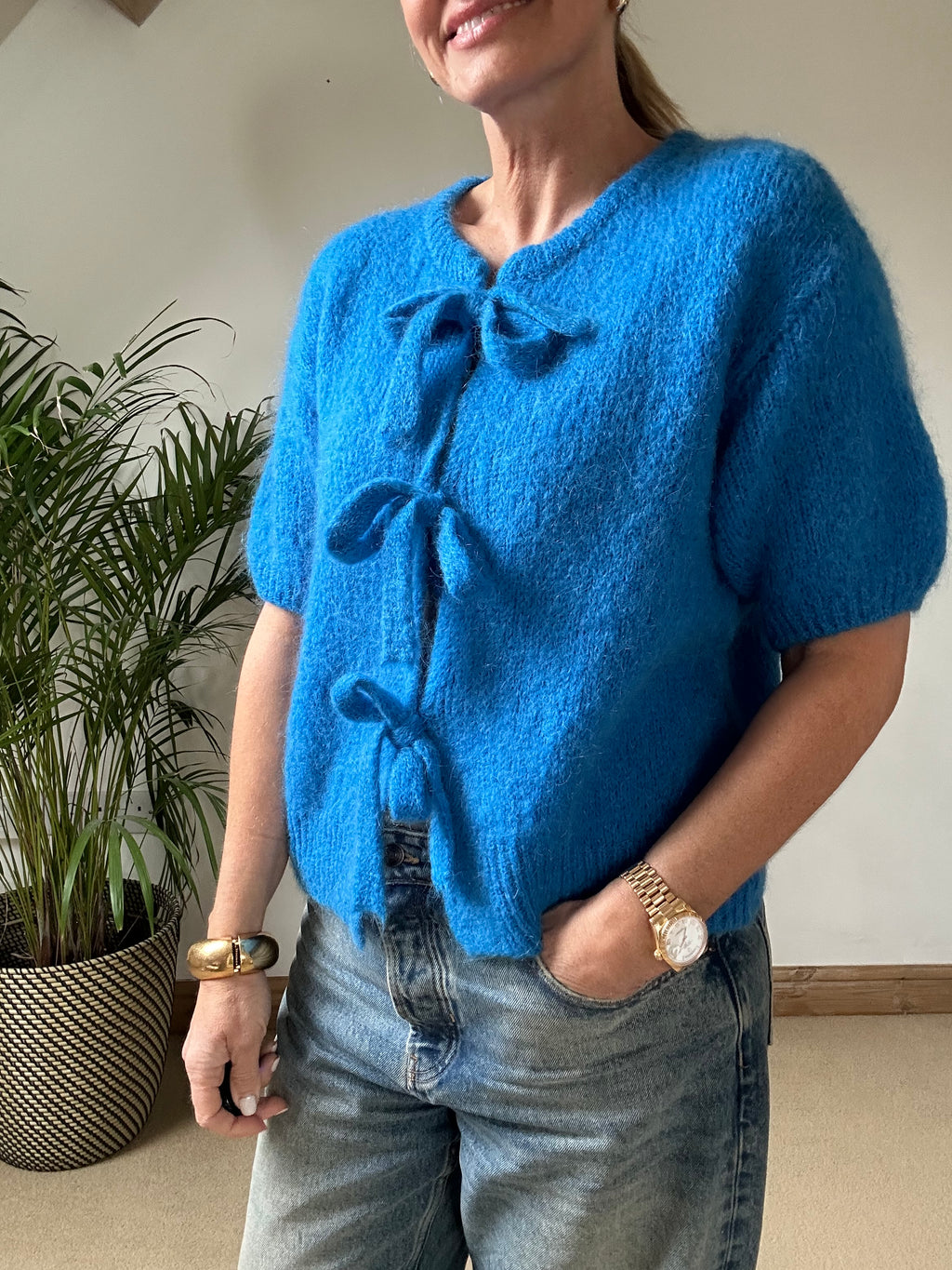 Tie Front Mohair Short Sleeve Cardigan