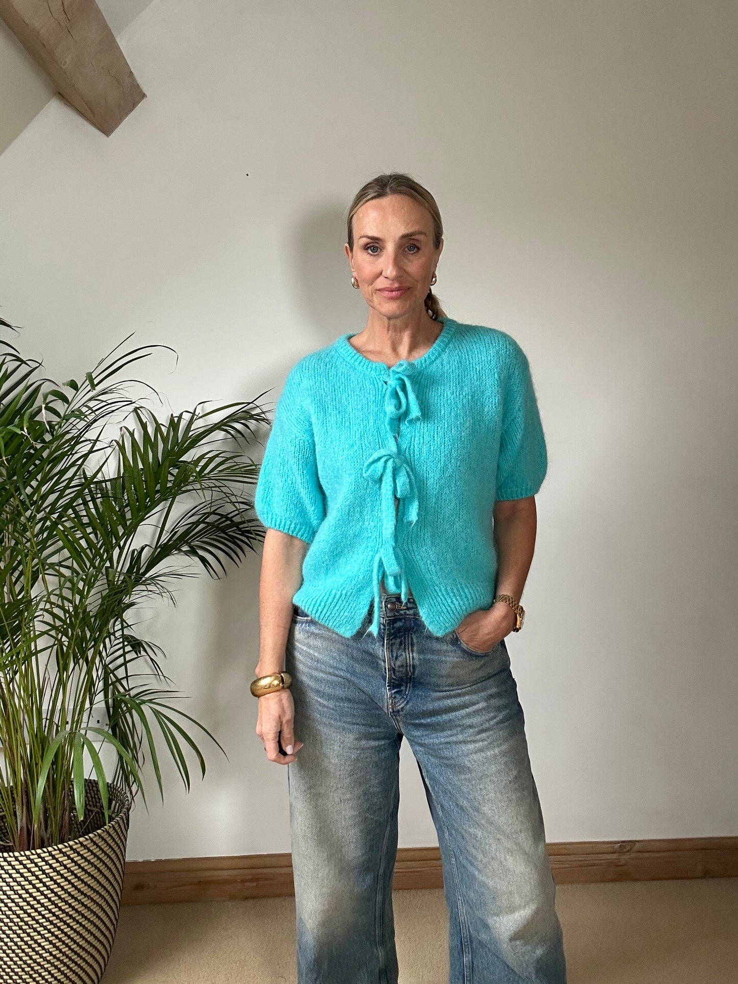 Tie Front Mohair Short Sleeve Cardigan