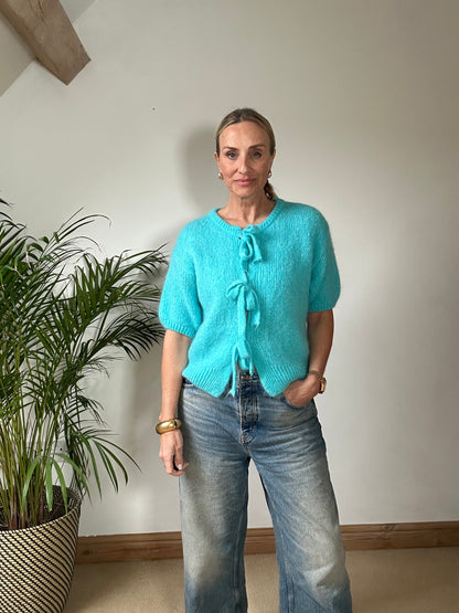 Tie Front Mohair Short Sleeve Cardigan