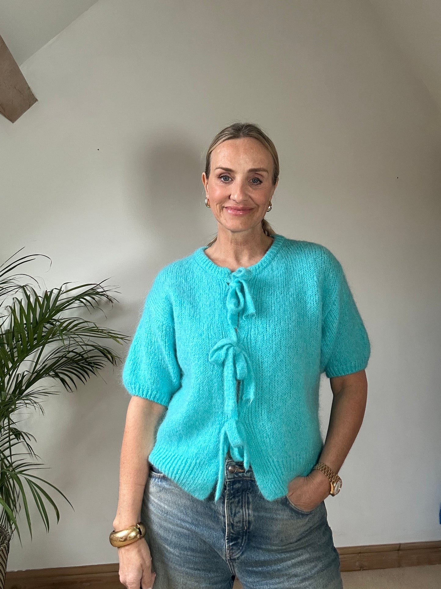 Tie Front Mohair Short Sleeve Cardigan