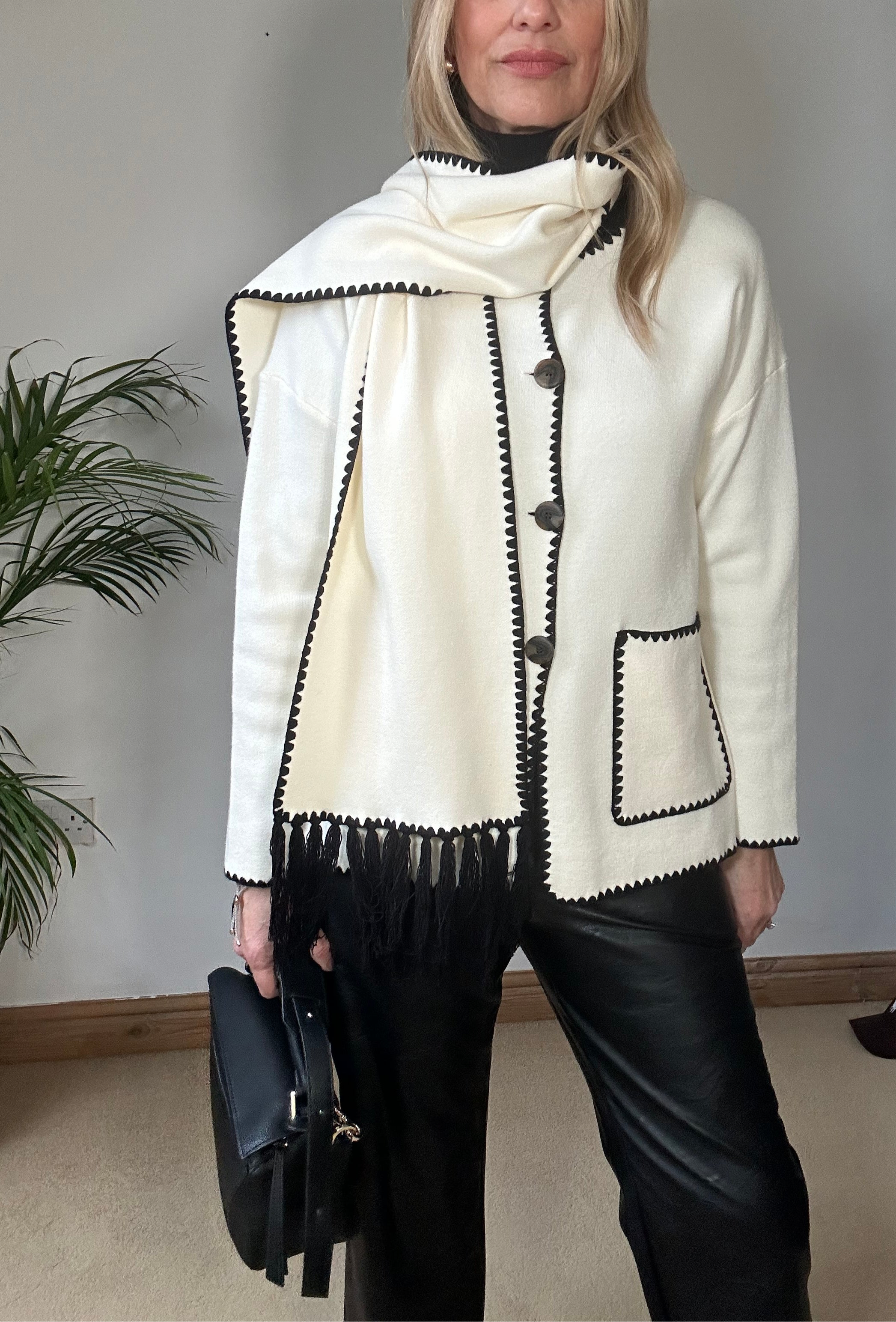 Knitted Jacket with Scarf - Cream