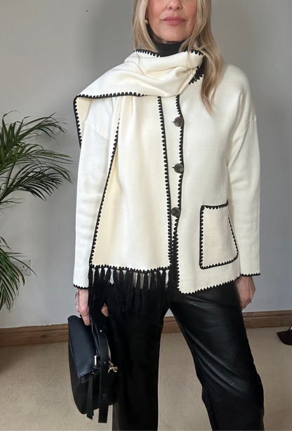 Knitted Jacket with Scarf - cream