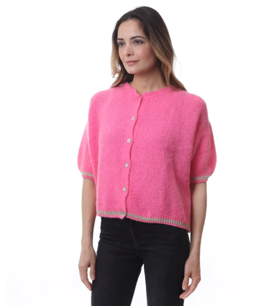 Short Sleeve Mohair Cardigan With Gold Lurex Details