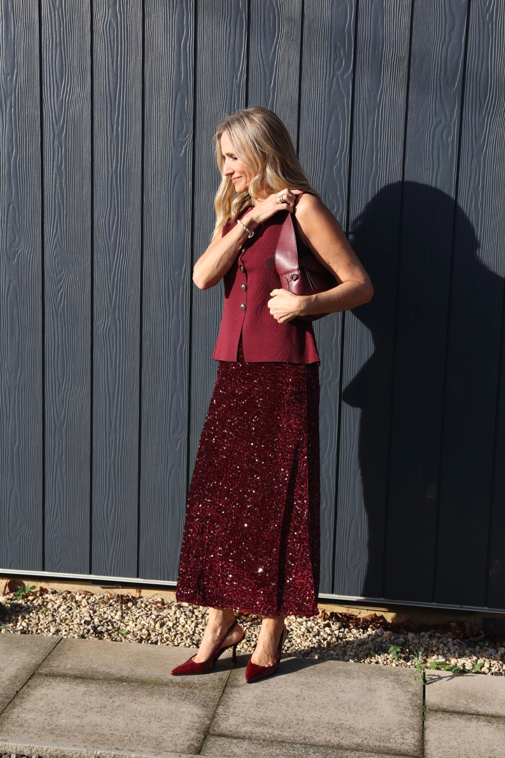 Sequin Maxi Skirt - Wine/ silver/black