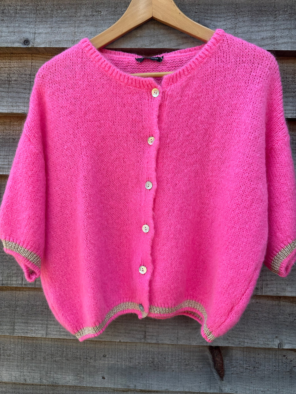 Short Sleeve Mohair Cardigan With Gold Lurex Details