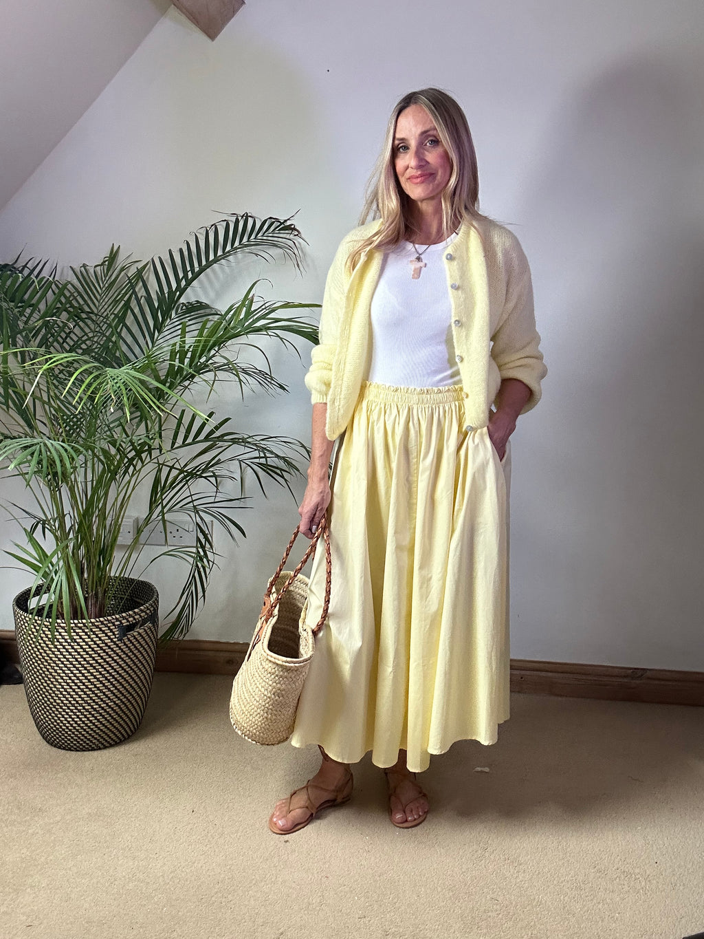 Lemon Cotton Midii Skirt With Pockets