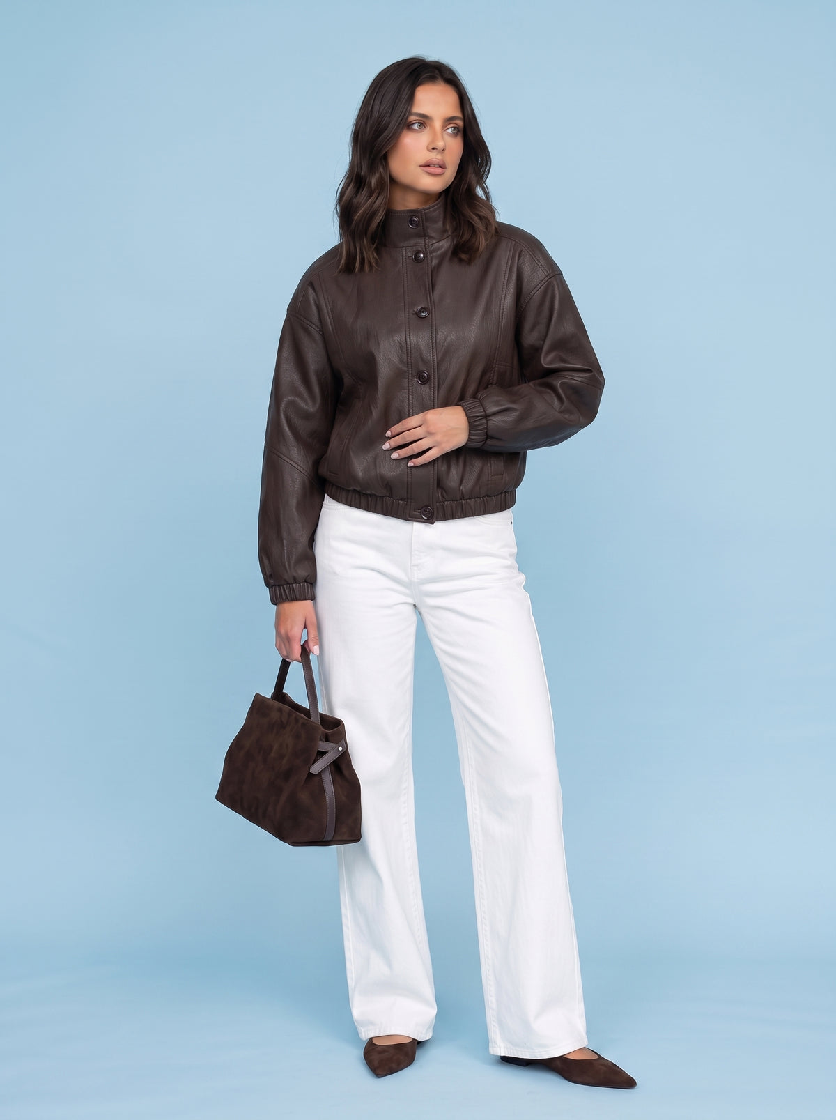 Brown Funnel Neck PU Jacket