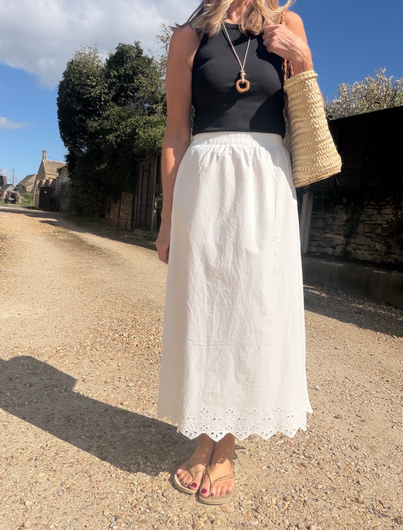 White Cotton Skirt with Scalloped Hem