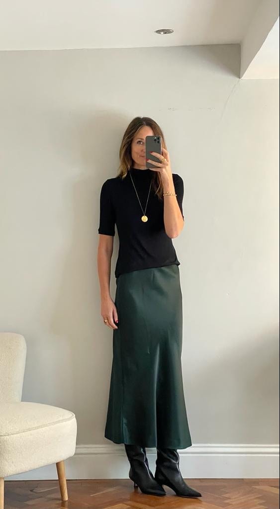 Longer length Satin Slip Skirt - Scarab Green