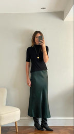 Longer length Satin Slip Skirt - Scarab Green