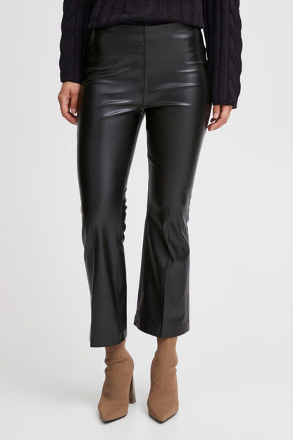 Black Faux Leather Cropped Flare Trousers