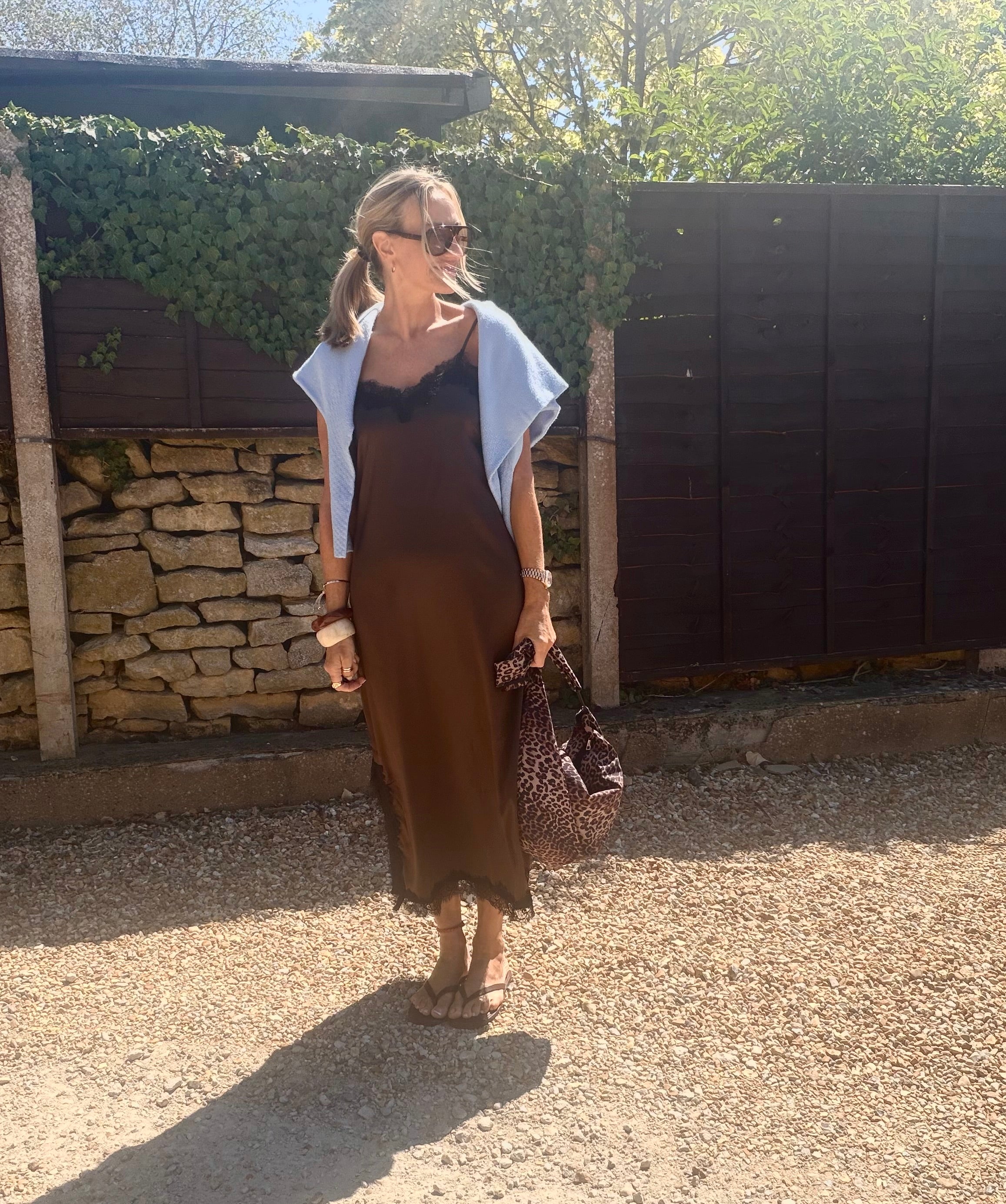Brown Satin and Lace Slip Dress