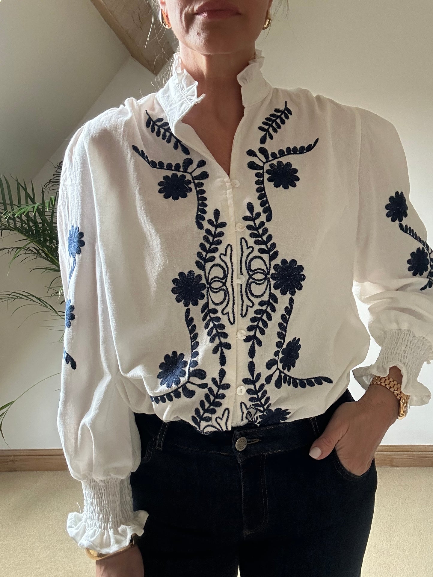 Blouse With Navy Embroidery