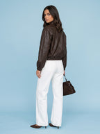 Brown Funnel Neck PU Jacket