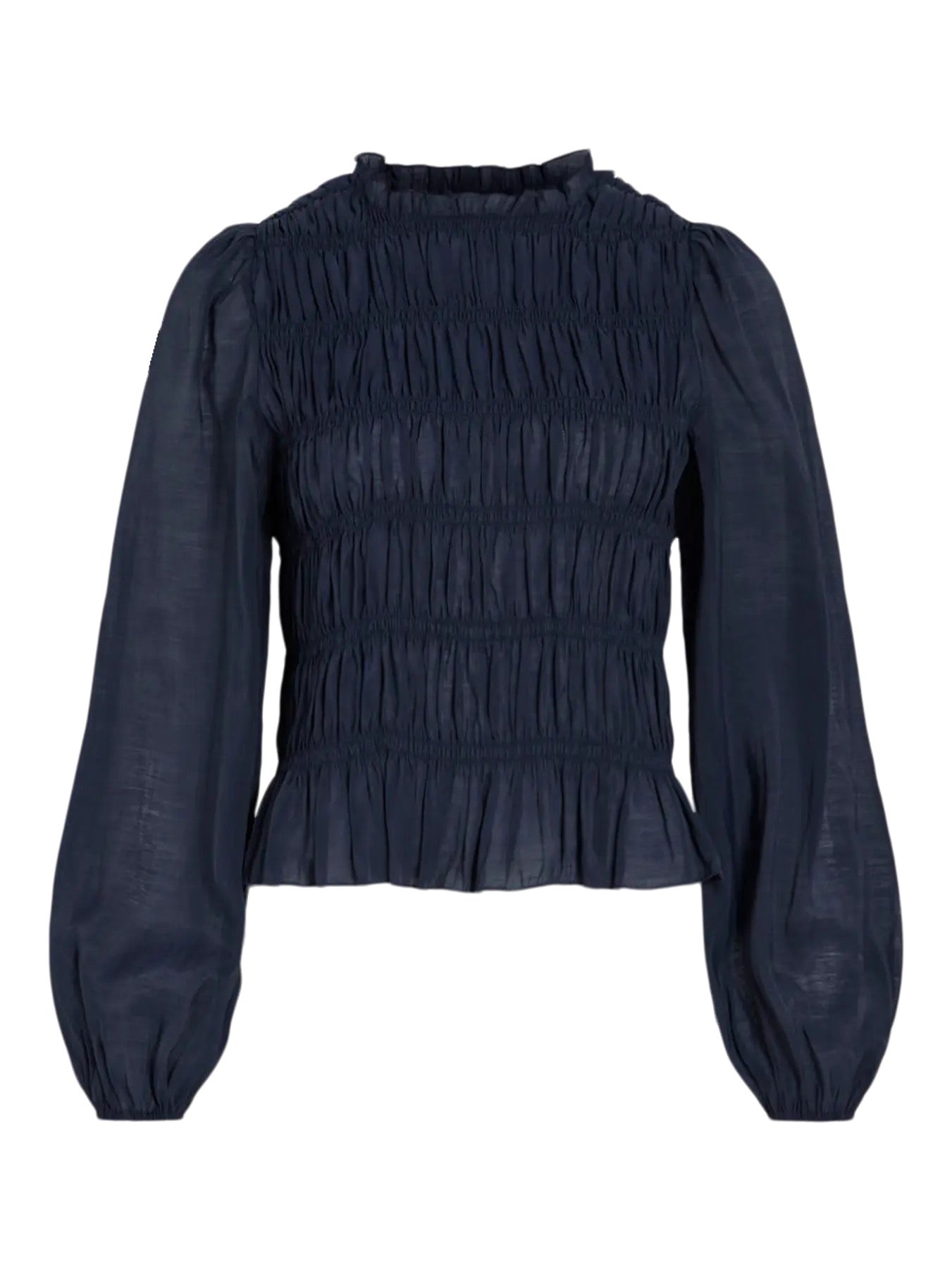 Navy Smocked Blouse With Sheer Sleeves