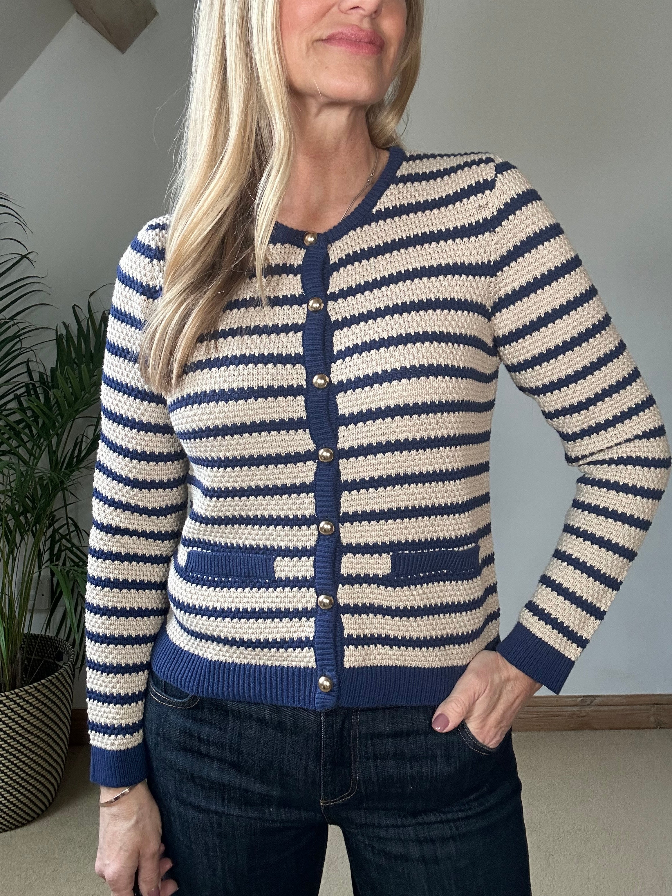 Navy Stripe Cropped Cardigan