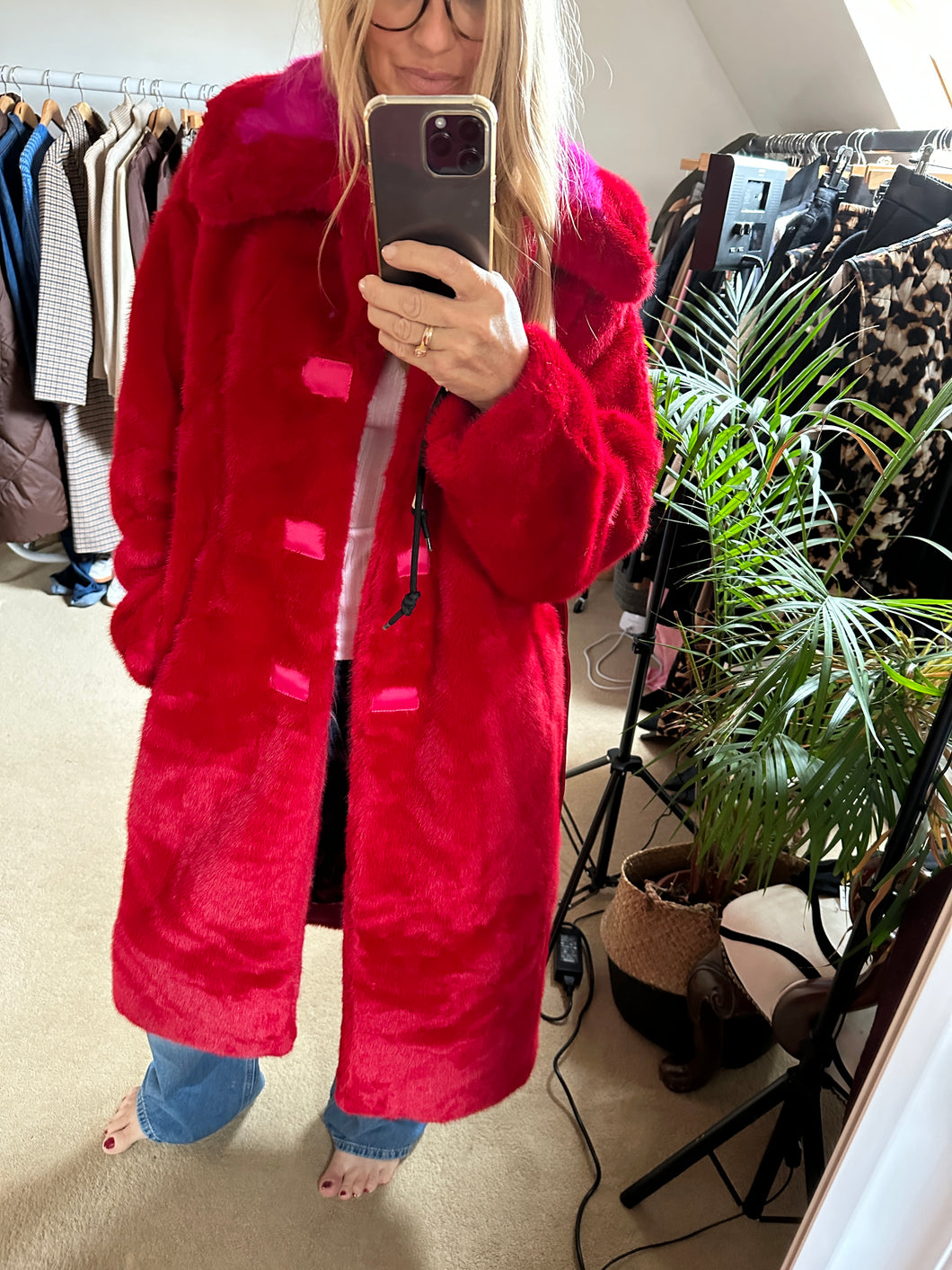 Red bamboo eco faux fur coat