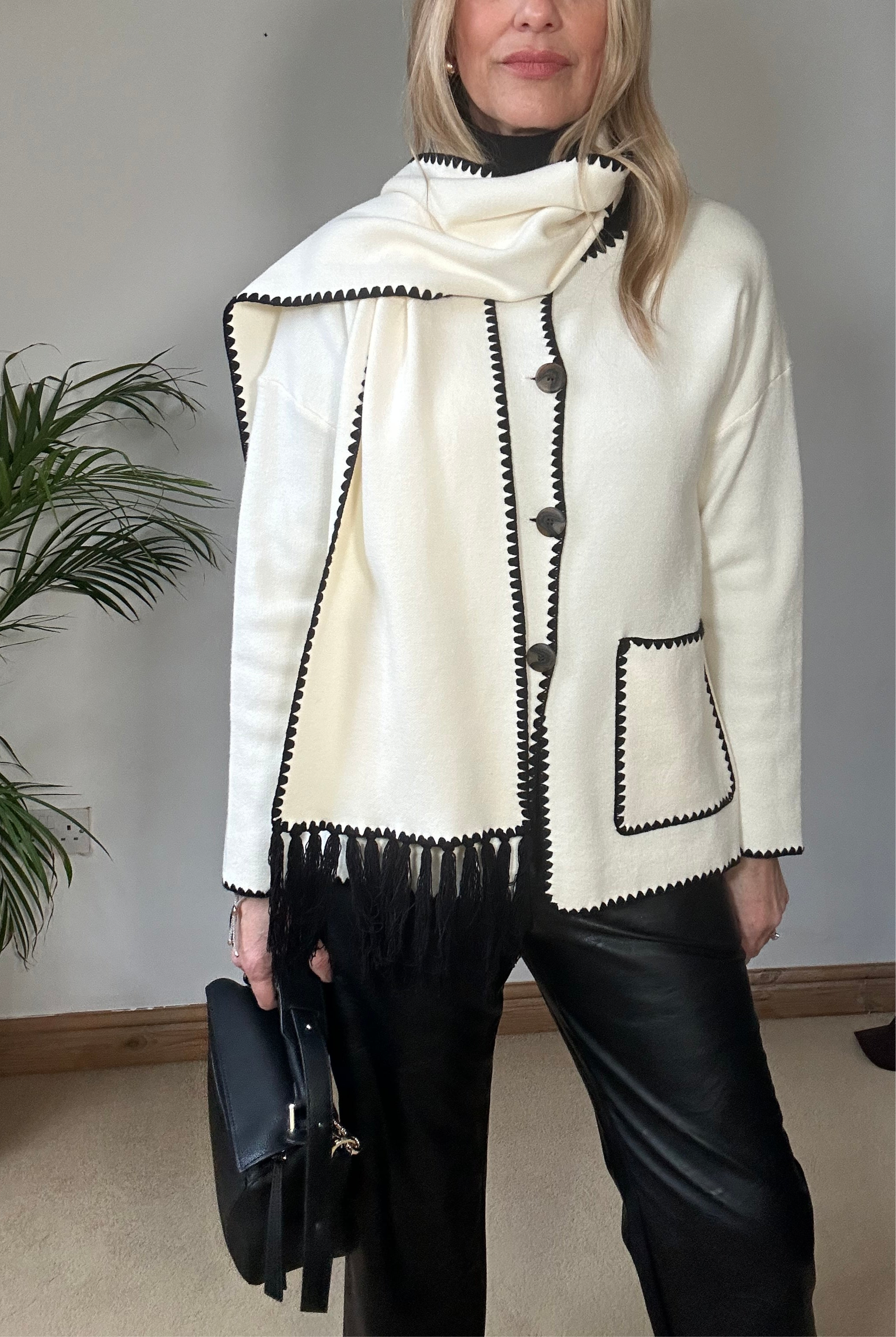 Knitted Jacket with Scarf - Cream