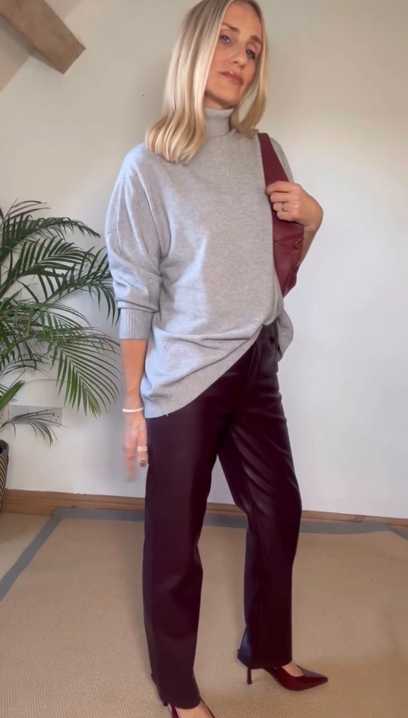 Burgundy Faux leather Straight Leg Trousers