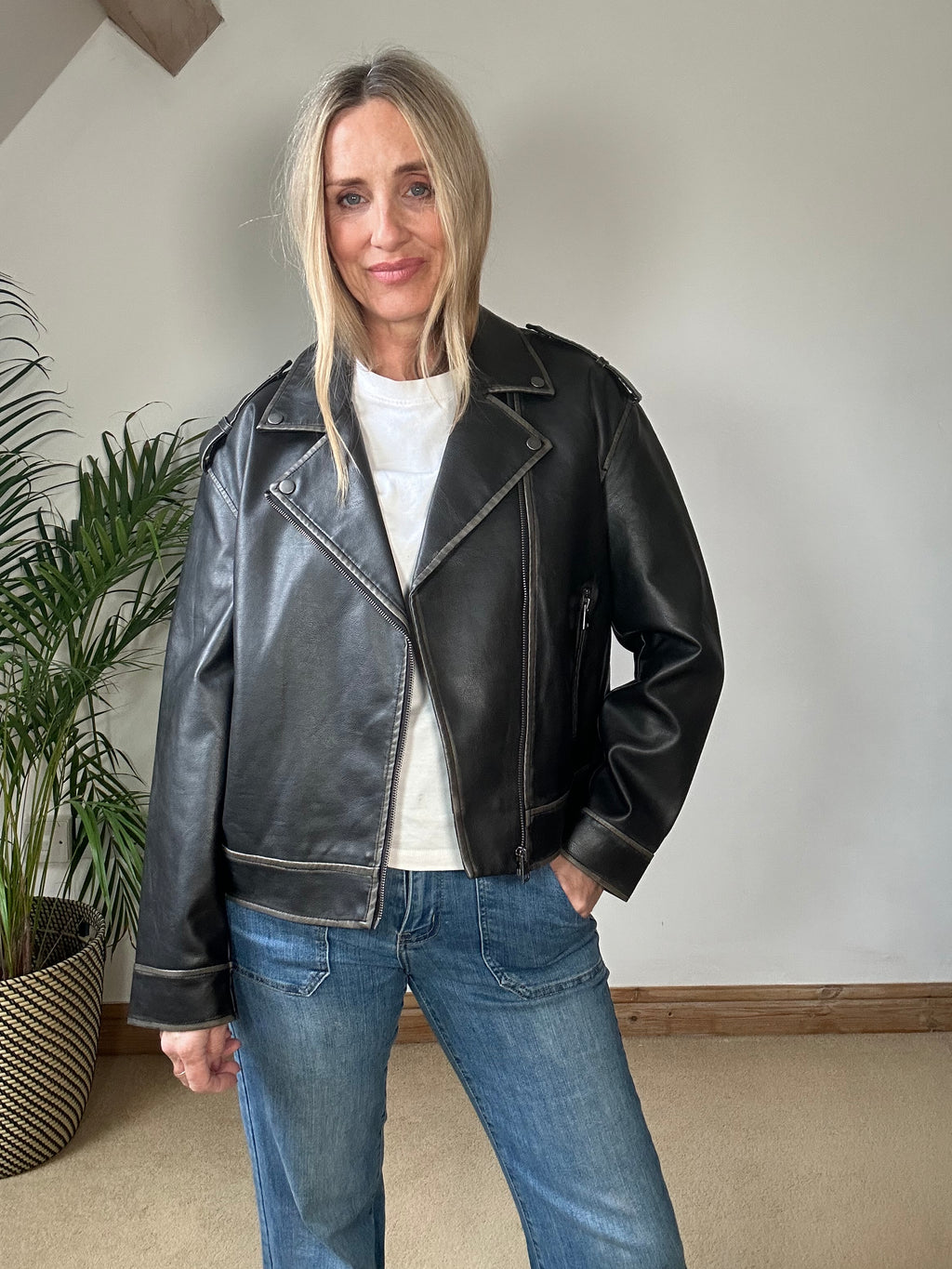 Aged  Faux Leather Biker Jacket