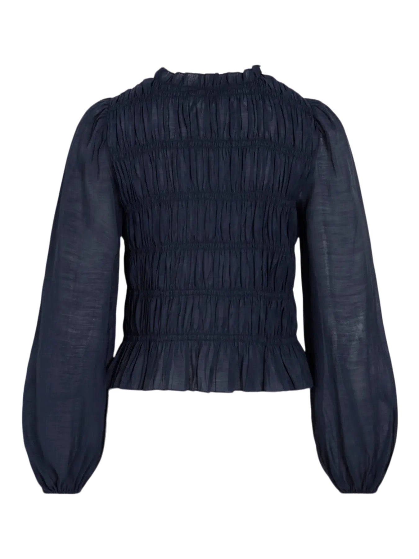 Navy Smocked Blouse With Sheer Sleeves