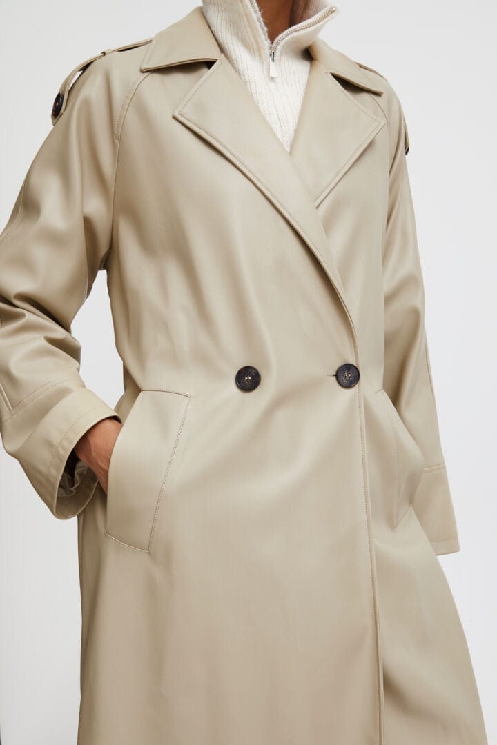 Faux Leather Trench Coat - twill