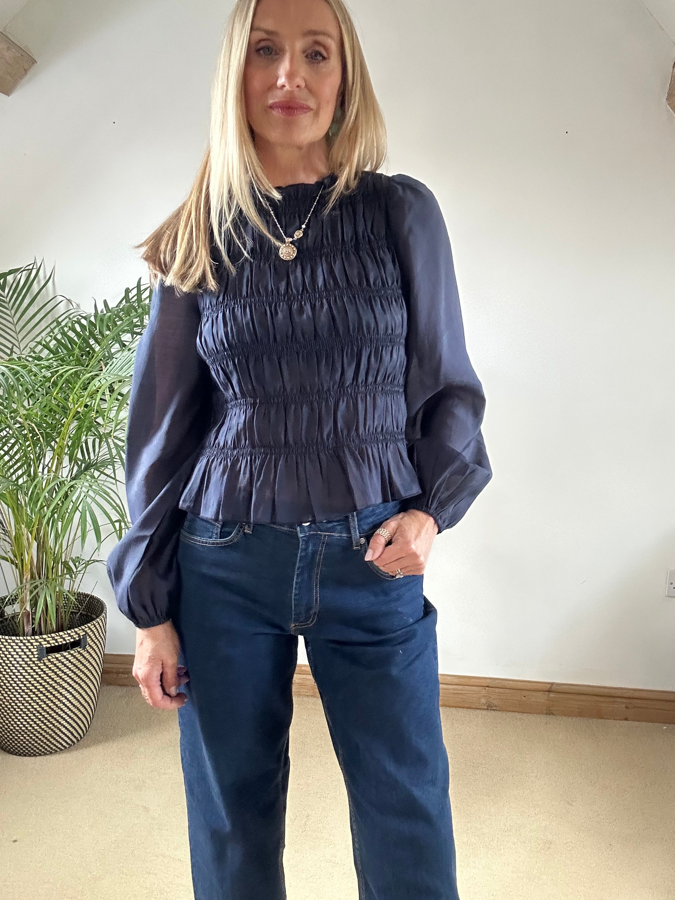 Navy Smocked Blouse With Sheer Sleeves