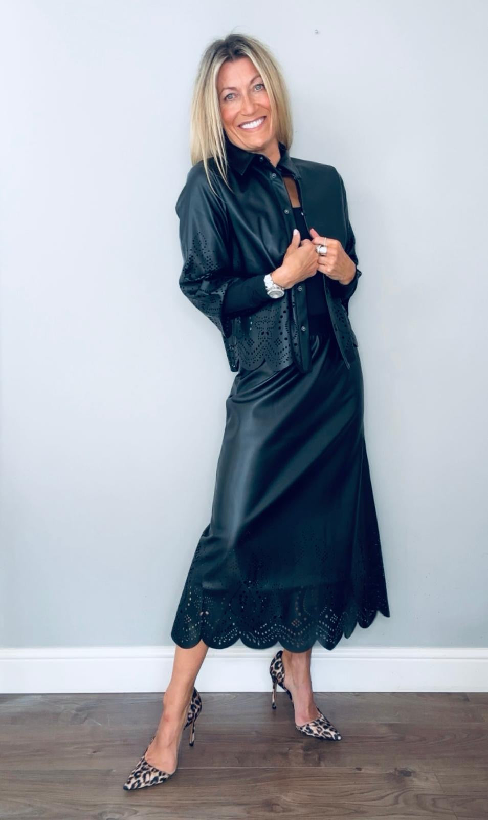 Laser Cut Faux Leather Skirt