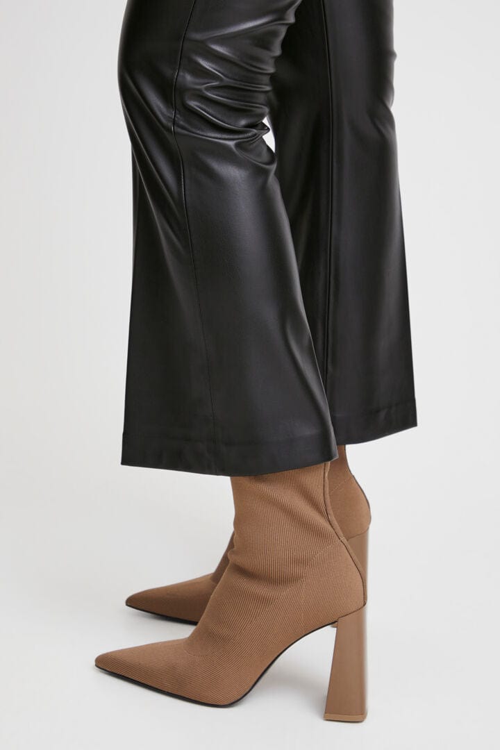 Black Faux Leather Cropped Flare Trousers