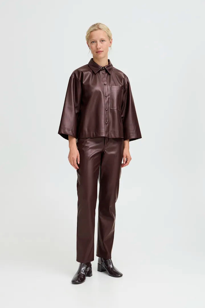 Burgundy Faux leather Straight Leg Trousers