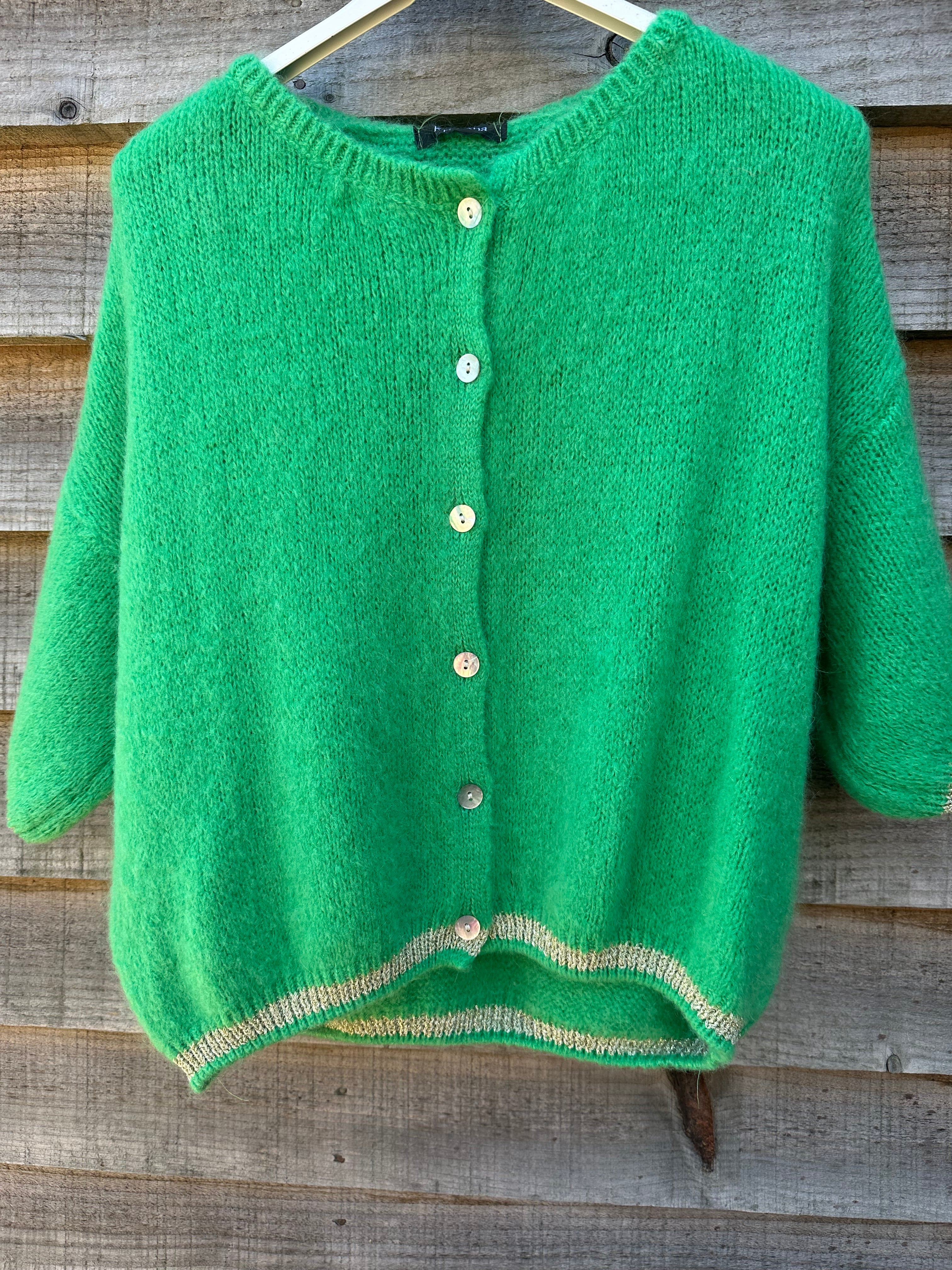 Short Sleeve Mohair Cardigan With Gold Lurex Details