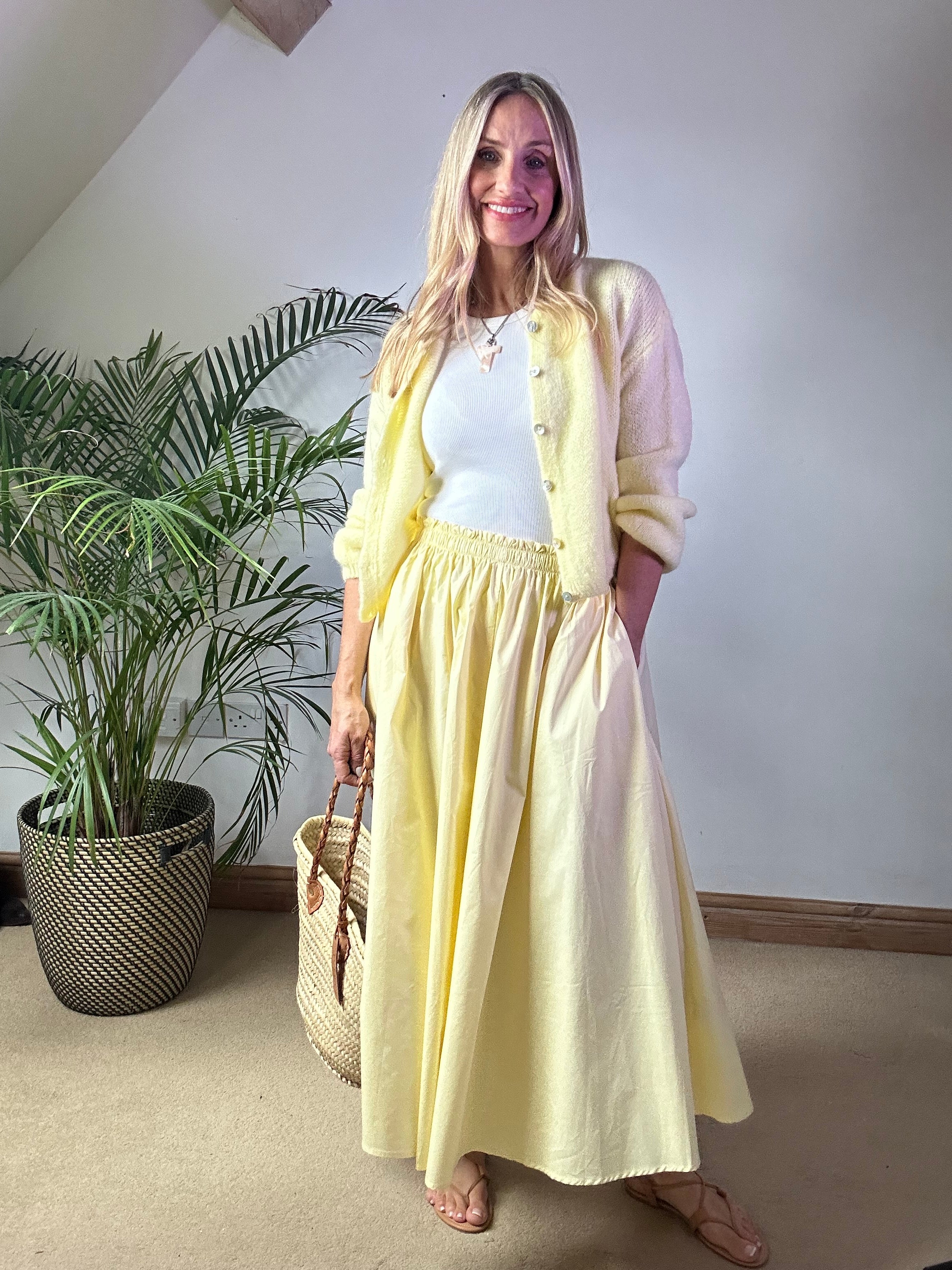 Lemon Cotton Midii Skirt With Pockets