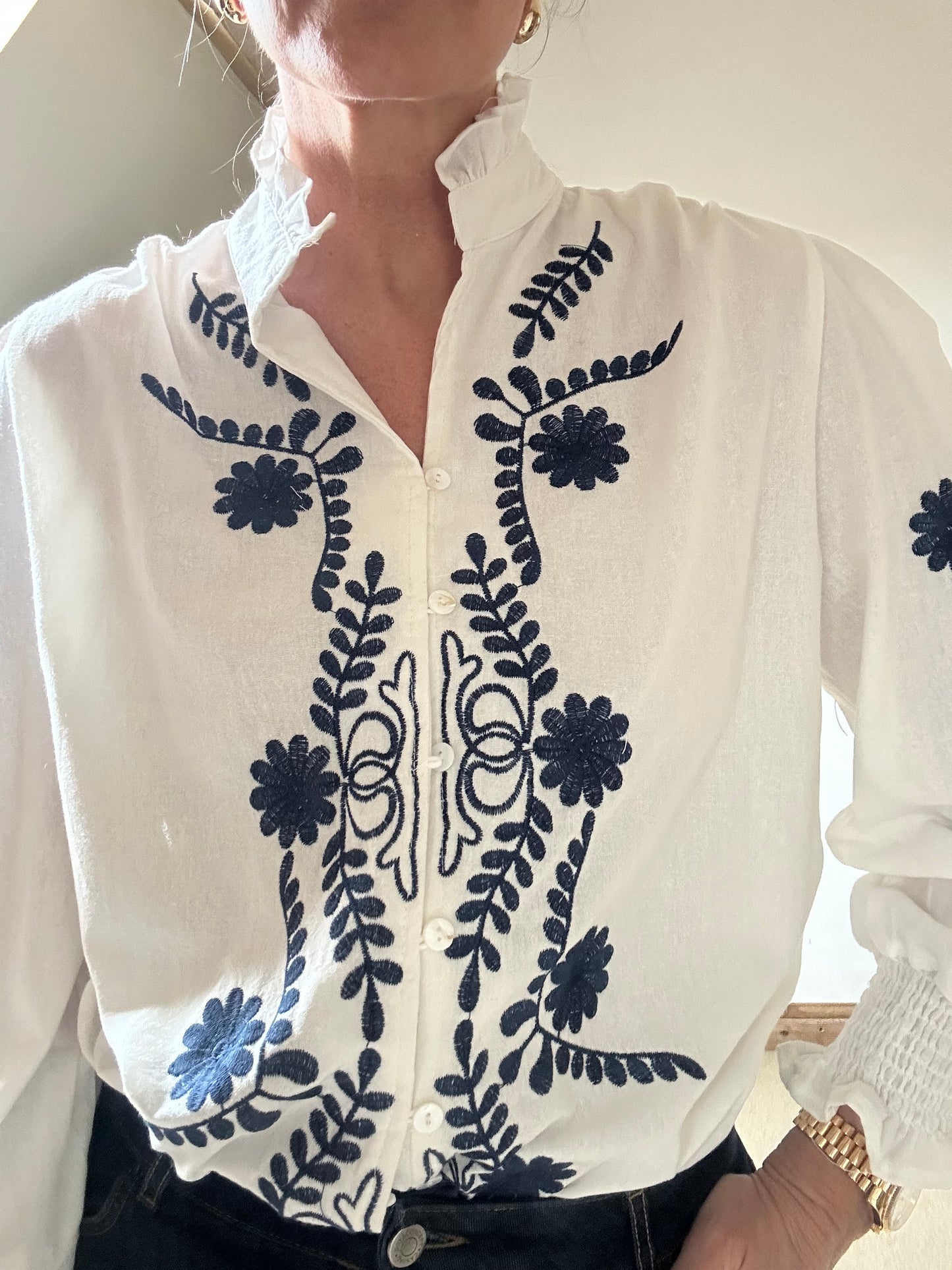 Blouse With Navy Embroidery