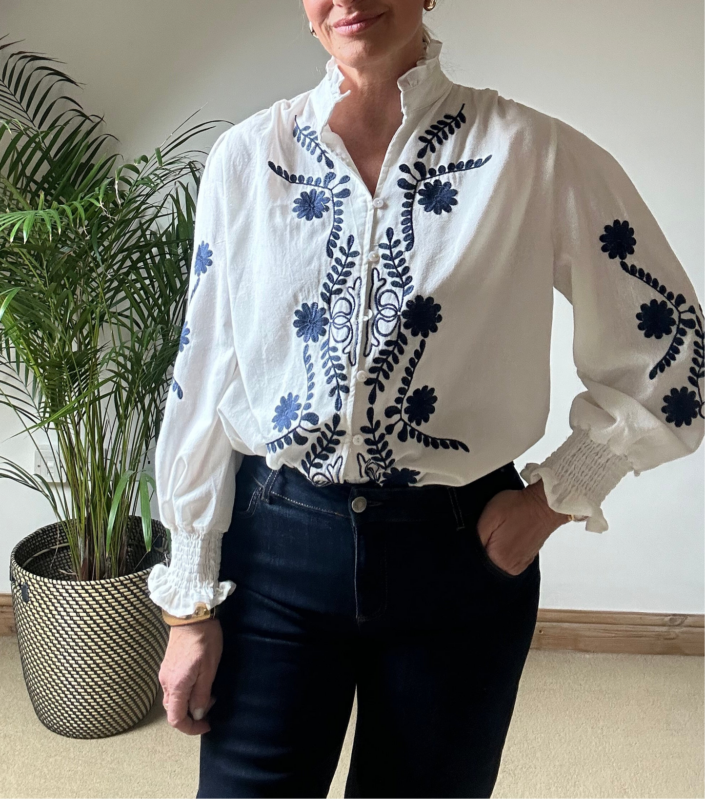 Blouse With Navy Embroidery