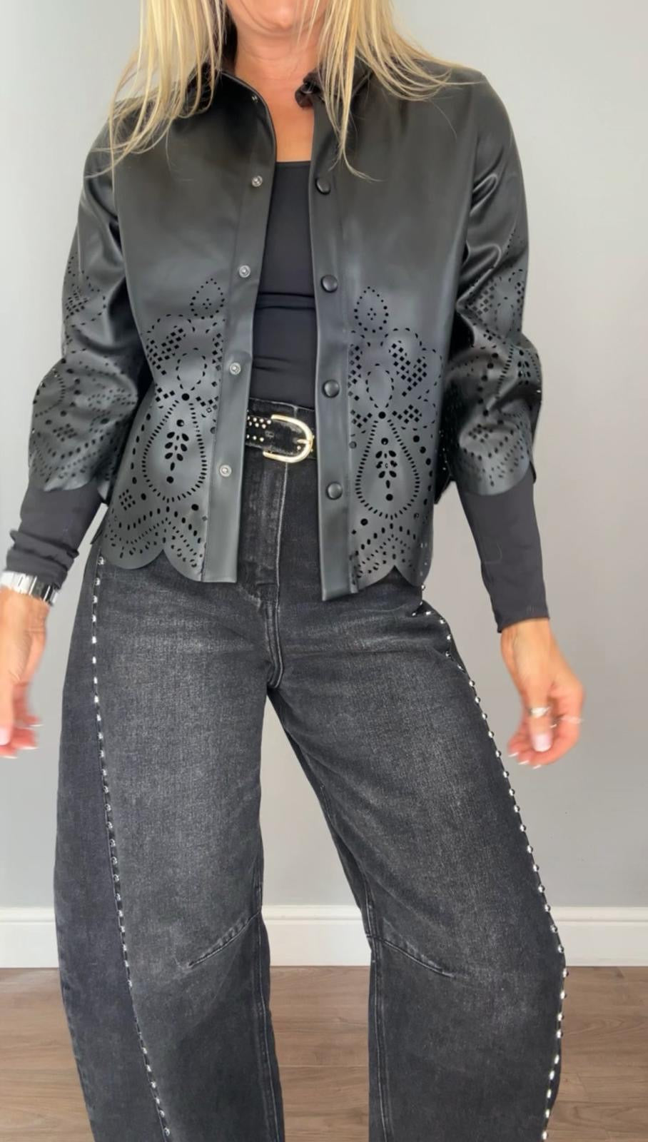 Faux Leather Laser Cut Shirt