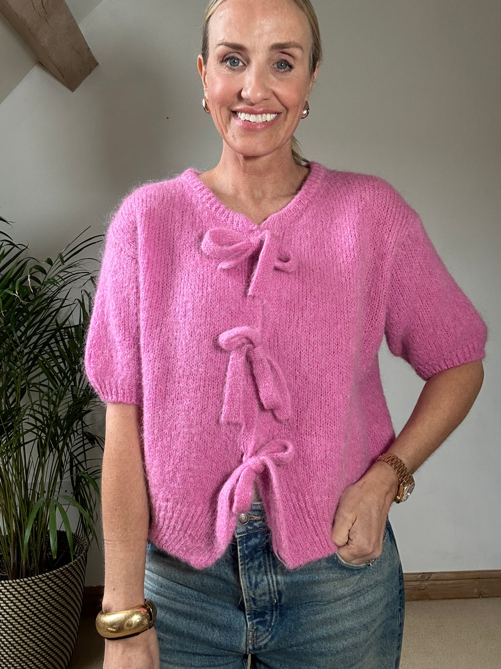 Tie Front Mohair Short Sleeve Cardigan