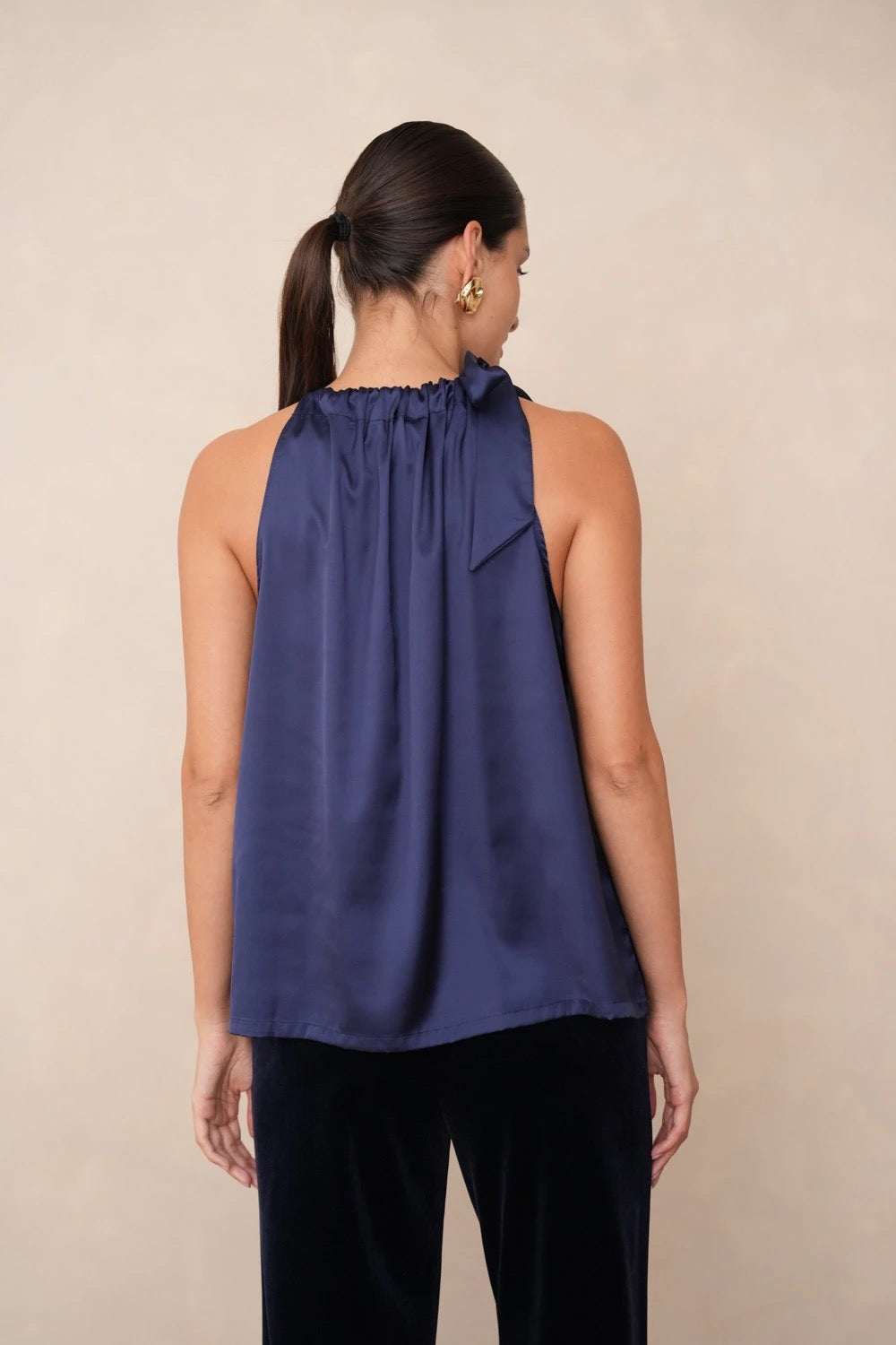 Satin Cut Out Shoulder Top - Navy